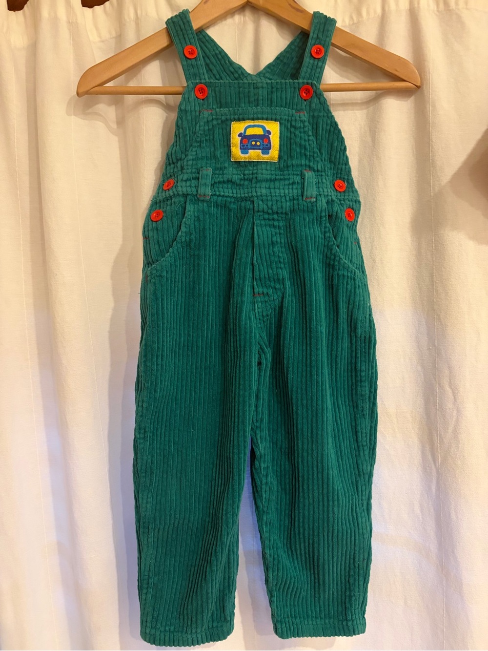 Green Corduroy Kids Overalls with Car Patch - Unbranded